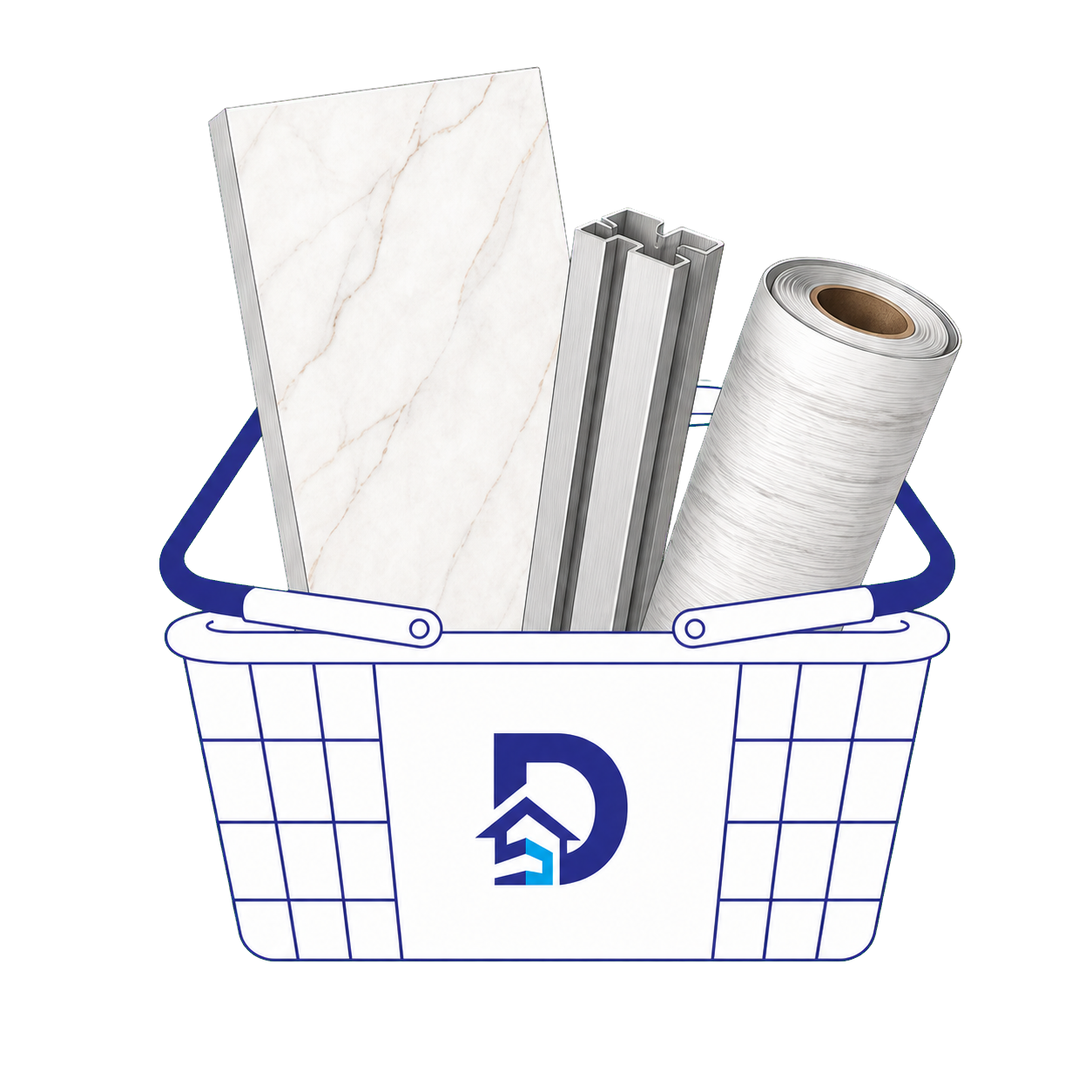 Coș ilustrat cu placă decorativă, profile din aluminiu și autocolant PVC