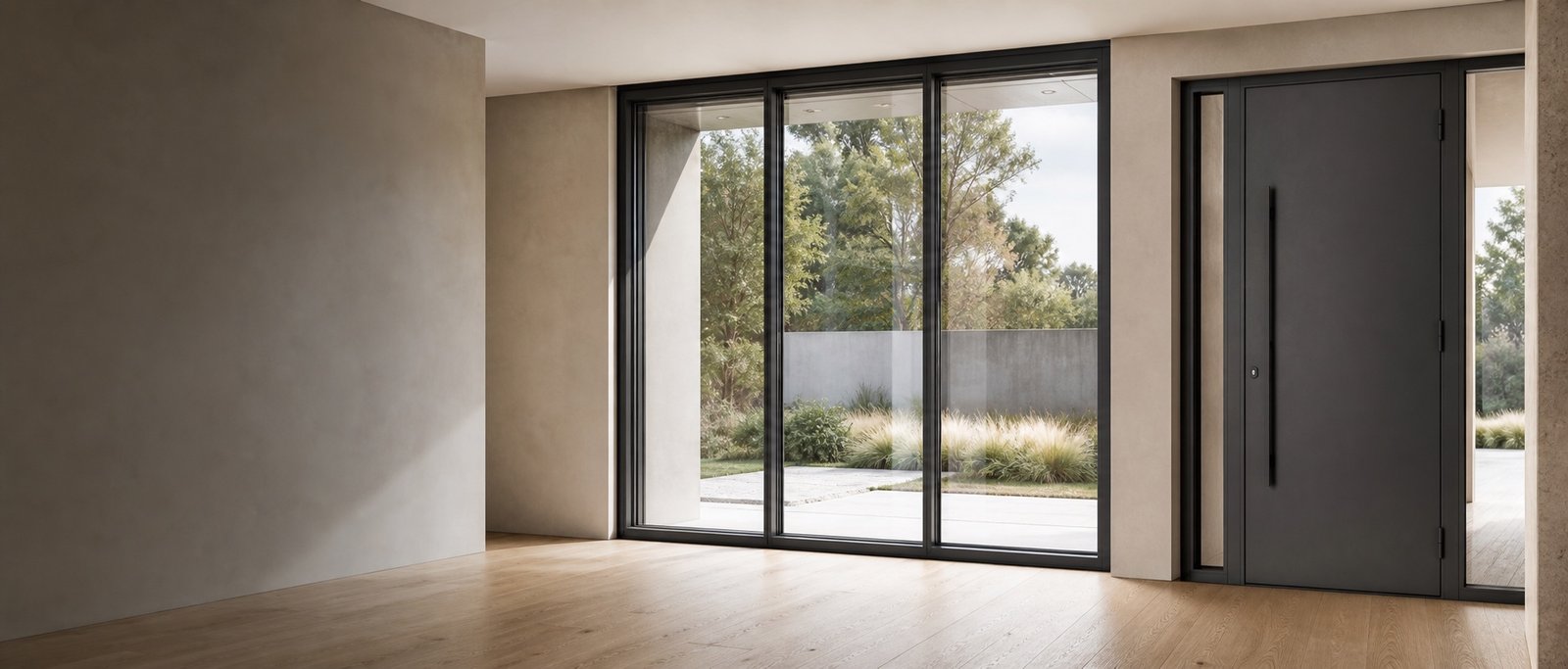 Fereastră panoramică și ușă de intrare din aluminiu antracit într-un interior modern