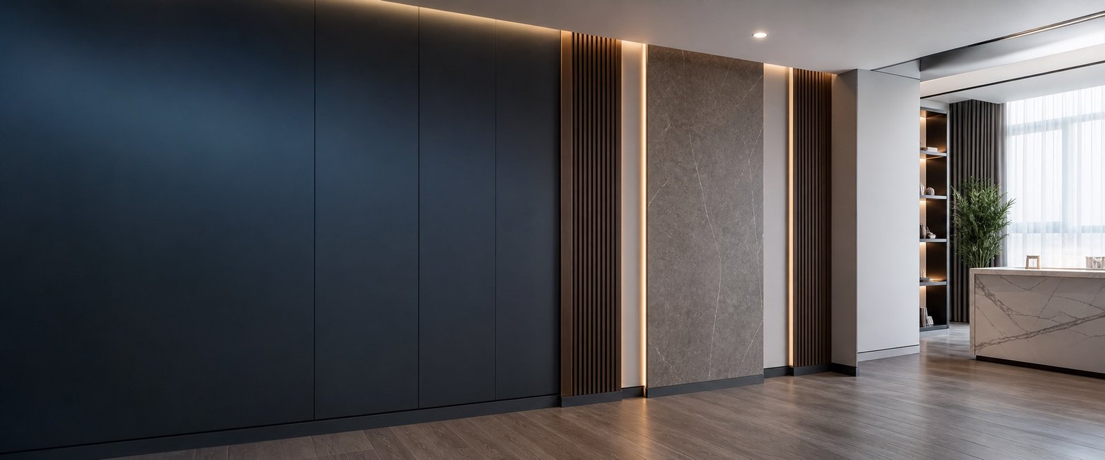 Amenajare interioară cu placări decorative și lumină ambientală