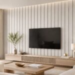 Placă autocolantă PVC gros 1812 montată ca perete accent TV în living