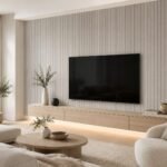 Placă autocolantă PVC subțire 1812 montată ca perete accent TV în living