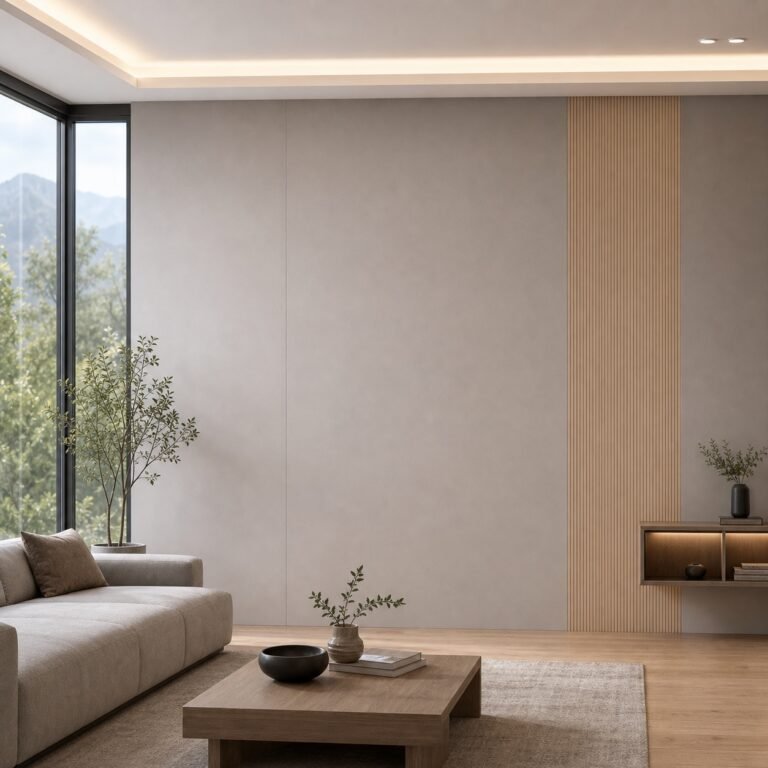 Autocolant PVC Subțire 1805 ca accent de 45–60 cm lângă placa PVC Bej lăptos într-un living contemporan