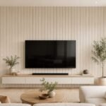 Placă autocolantă PVC subțire 1807 montată ca perete accent TV în living