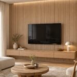 Placă autocolantă PVC gros 1809 montată ca perete accent TV în living
