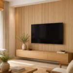 Placă autocolantă PVC gros 1805 montată ca perete accent TV în living