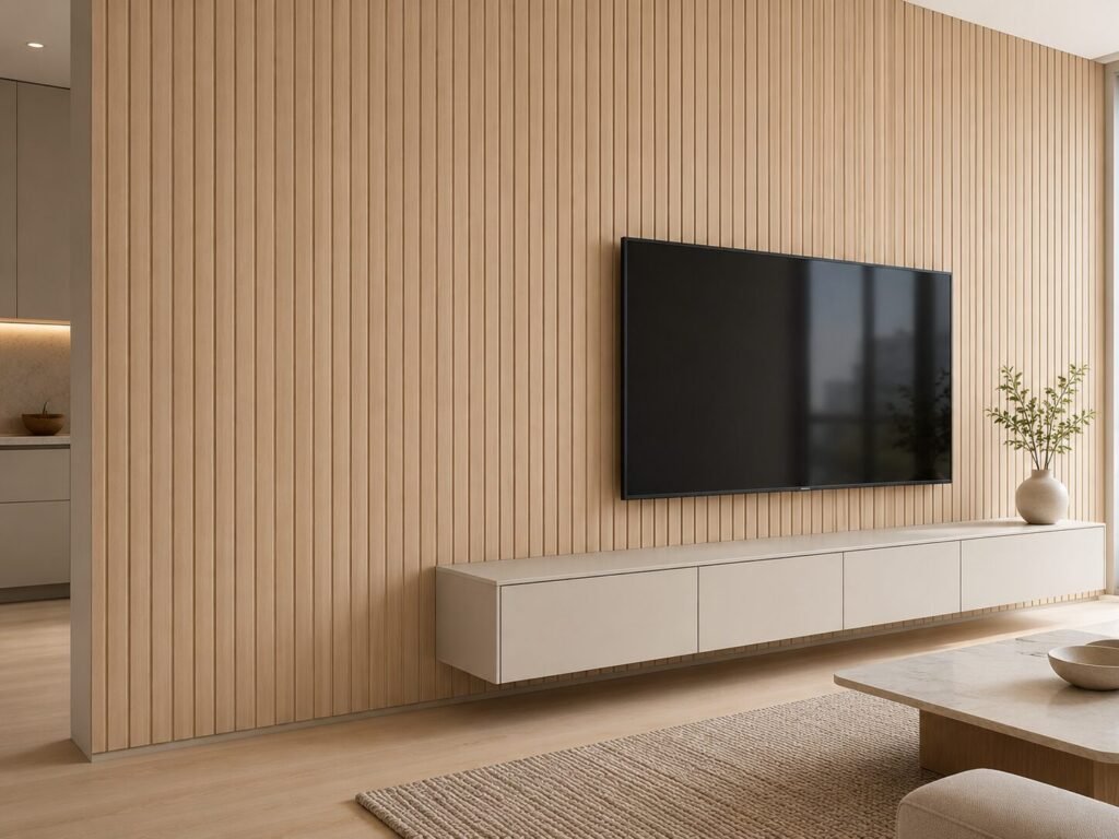 Plăci autocolante PVC cu aspect de lemn pe un perete TV