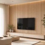 Placă autocolantă PVC gros lemn 5 montată pe perete în perspectivă living