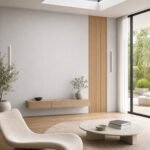 Autocolant PVC Gros Lemn 5 ca accent de 45–60 cm lângă placa PVC Alb lăptos într-un living contemporan