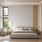 Autocolant PVC Gros Lemn 5 ca accent de 45–60 cm lângă placa PVC Alb lăptos într-un bedroom contemporan