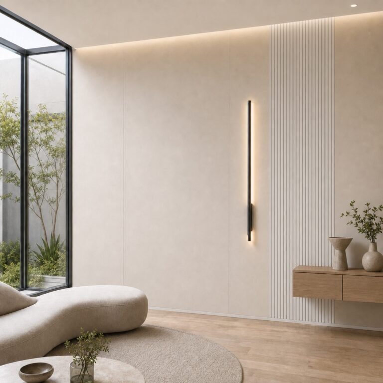 Autocolant PVC Gros gri ca accent de 45–60 cm lângă placa PVC Șampanie aurie într-un living contemporan