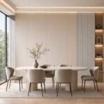 Autocolant PVC Gros gri ca accent de 45–60 cm lângă placa PVC Șampanie aurie într-un dining contemporan
