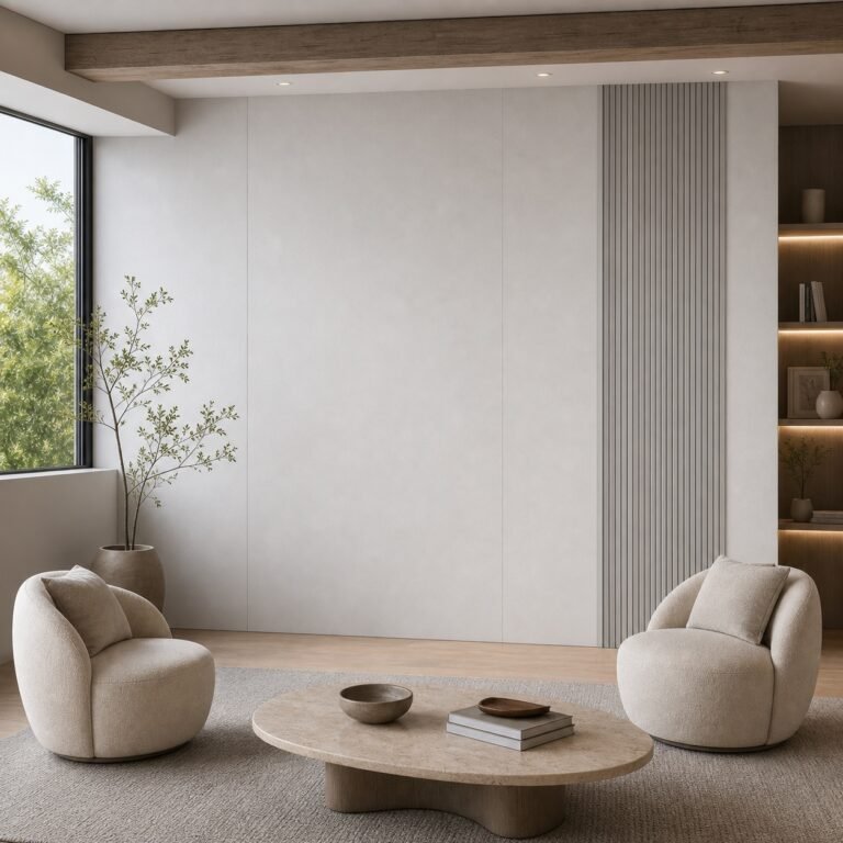 Autocolant PVC Gros mătase ca accent de 45–60 cm lângă placa PVC Platină albă într-un living contemporan