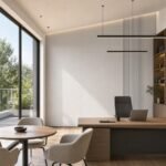 Autocolant PVC Gros mătase ca accent de 45–60 cm lângă placa PVC Platină albă într-un office contemporan