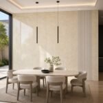 Autocolant PVC Gros 1807 ca accent de 45–60 cm lângă placa PVC Jad alb într-un dining contemporan