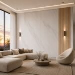 Placă PVC Burtă de pește albă cu accent autocolant PVC Gros Lemn 5 într-un living contemporan