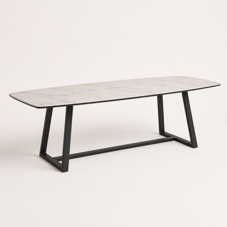 Masă de dining Arco cu blat cu aspect de marmură și bază geometrică, perspectivă alternativă generată