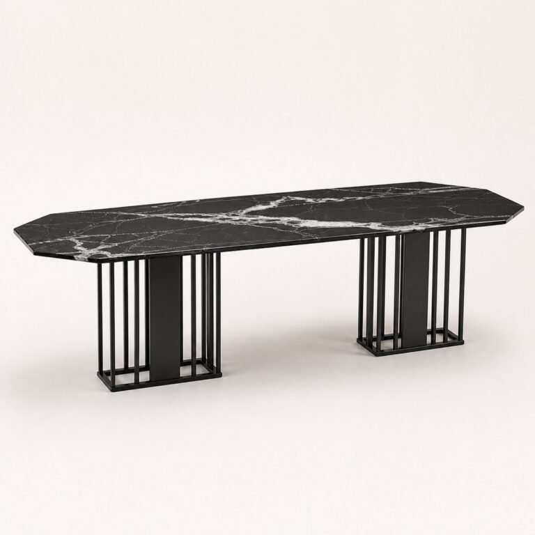 Masă de dining Linea cu blat negru venat și baze lamelare, perspectivă alternativă generată