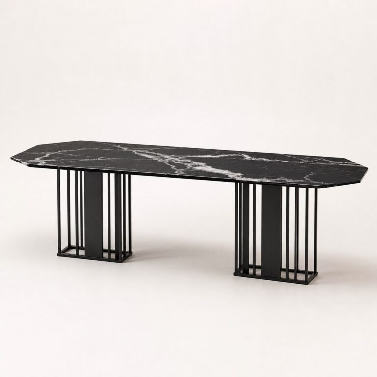 Masă de dining Linea cu blat negru venat și baze lamelare, imagine principală generată