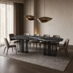 Masă de dining Linea cu blat negru venat și baze lamelare, imagine ambientală generată
