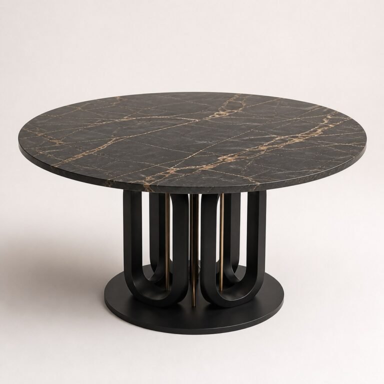 Masă de dining rotundă Orbit cu blat închis venat și bază sculpturală, perspectivă alternativă generată