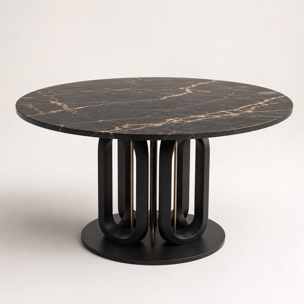 Masă de dining rotundă Orbit cu blat închis venat și bază sculpturală, imagine principală generată