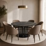 Masă de dining rotundă Orbit cu blat închis venat și bază sculpturală, ambient de dining generat