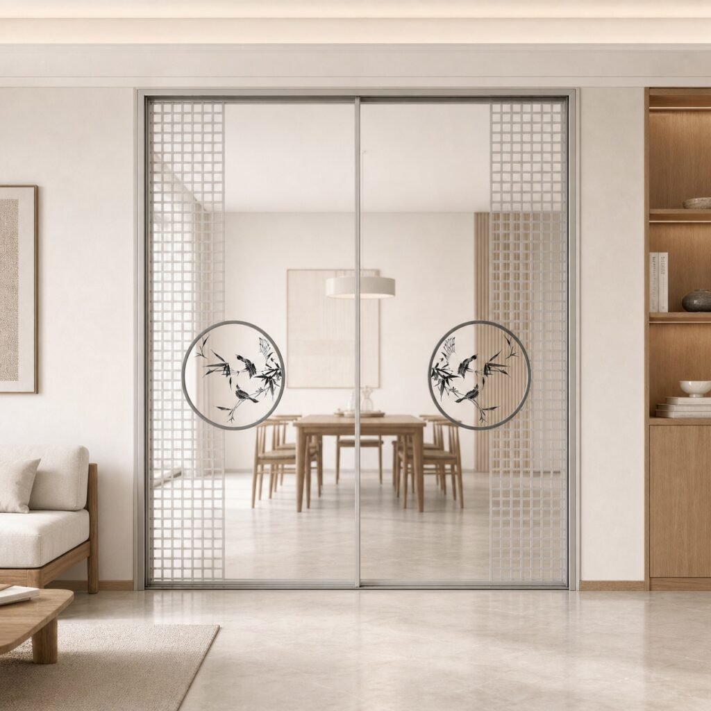 Ușă din sticlă cu profile metalice într-un interior contemporan