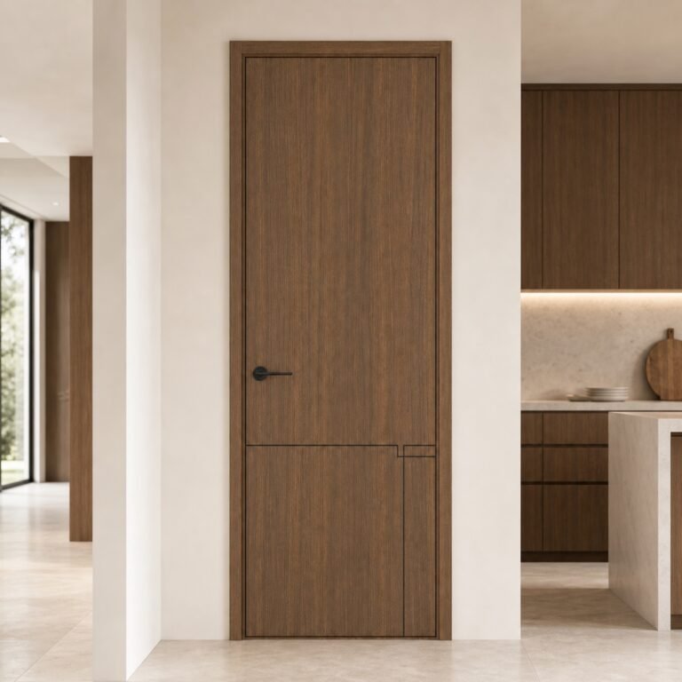 Ușă de interior cu panou plin Canela Outline, montată într-un interior contemporan