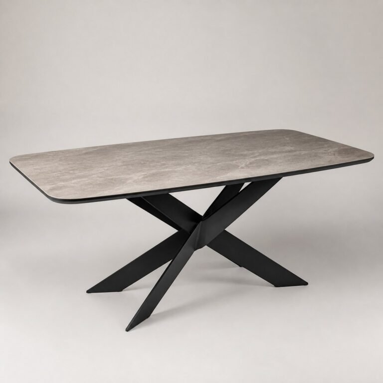 Masă de dining Vector cu blat ceramic gri și bază sculpturală în X, perspectivă alternativă generată