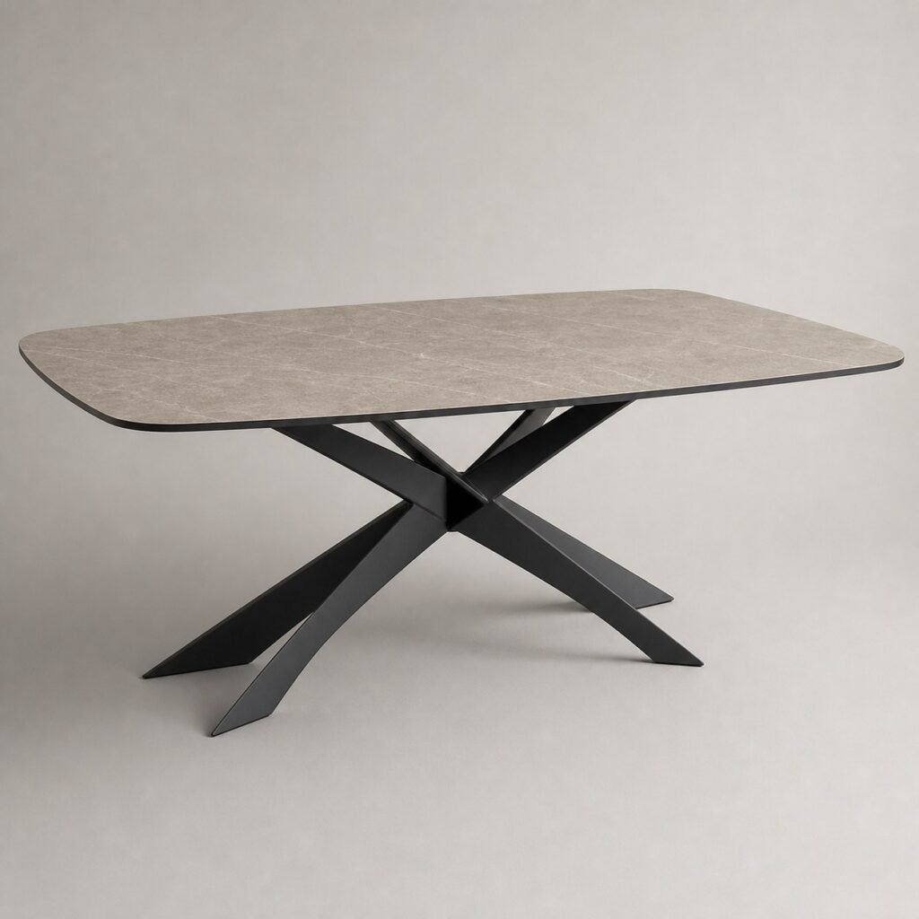 Masă de dining Vector cu blat ceramic gri și bază sculpturală în X, imagine principală generată