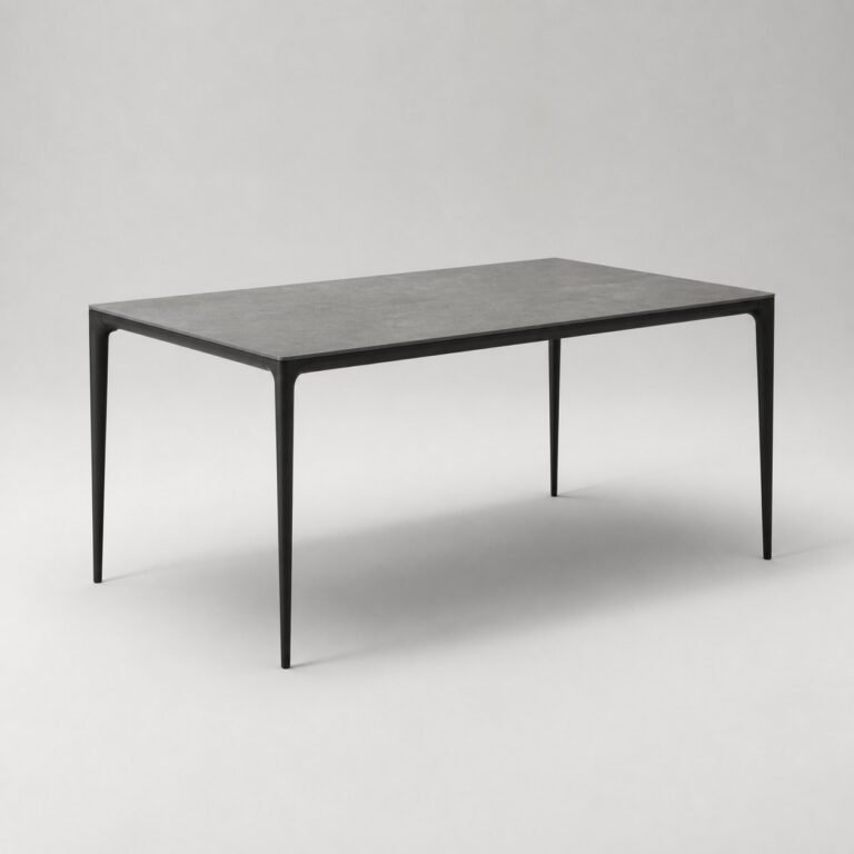 Masă de dining Slimline cu blat ceramic gri și cadru metalic integrat, perspectivă alternativă generată