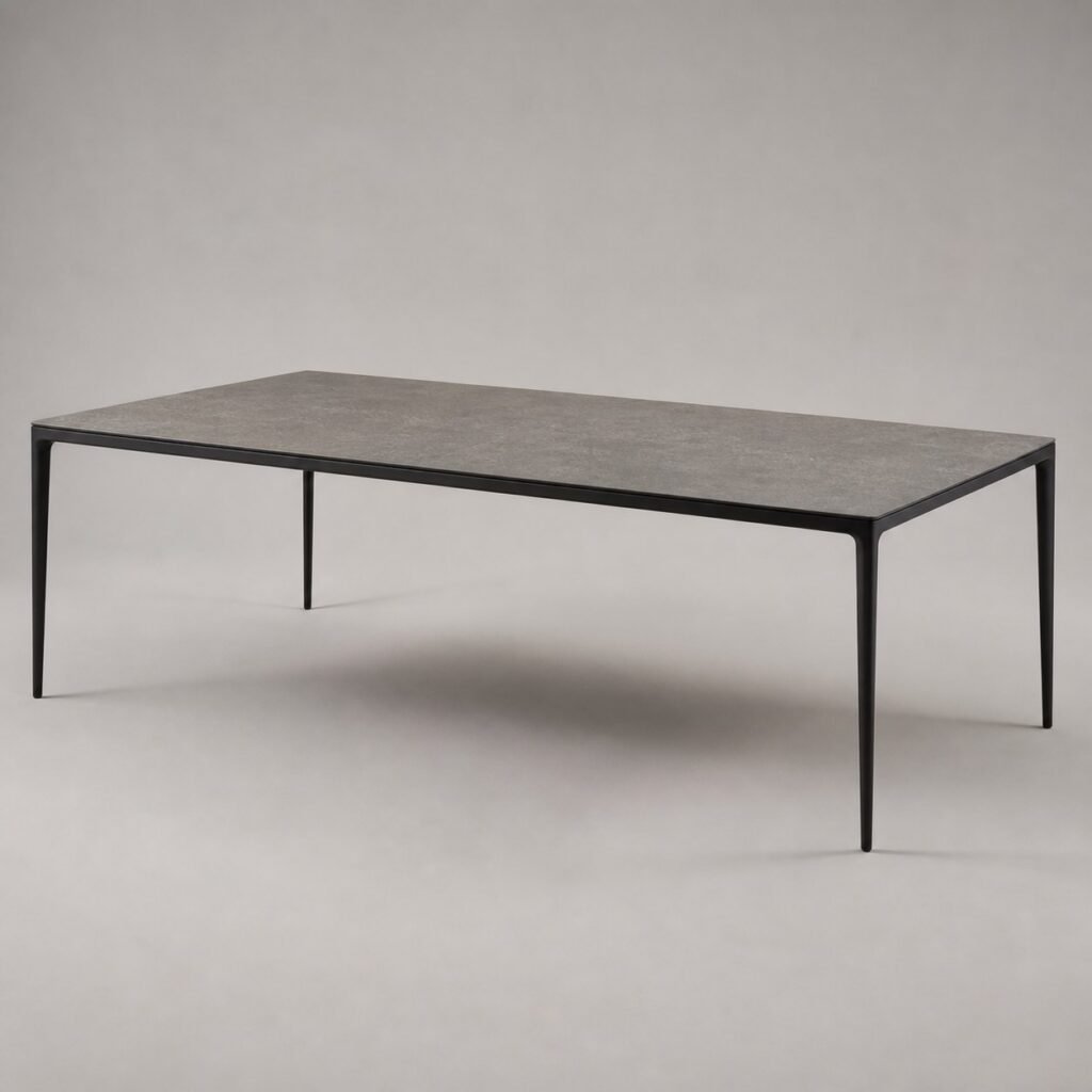 Masă de dining Slimline cu blat ceramic gri și cadru metalic integrat, imagine principală generată