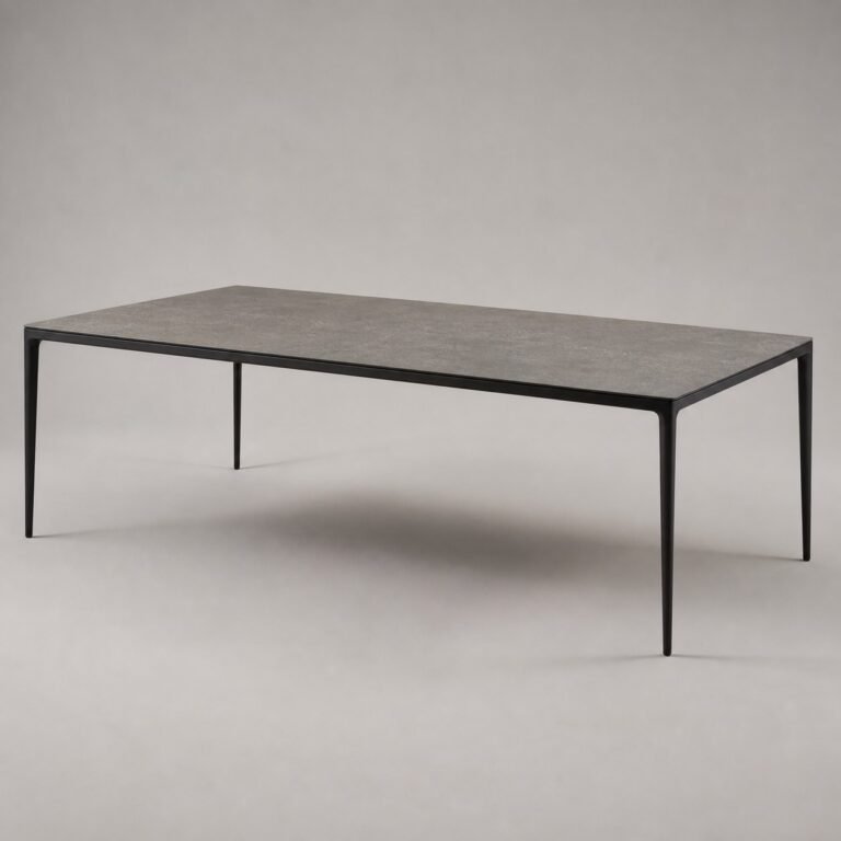 Masă de dining Slimline cu blat ceramic gri și cadru metalic integrat, imagine principală generată
