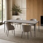 Masă de dining Slimline cu blat ceramic gri și cadru metalic integrat, ambient de dining generat