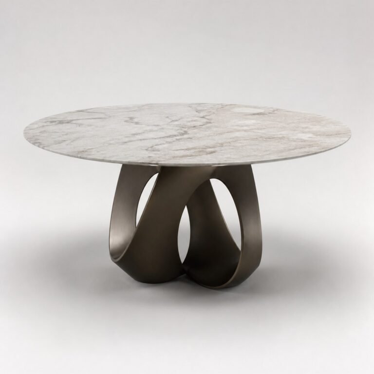 Masă de dining rotundă Petalia cu blat marmorat și bază sculpturală, perspectivă alternativă generată