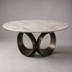 Masă de dining rotundă Petalia cu blat marmorat și bază sculpturală, imagine principală generată