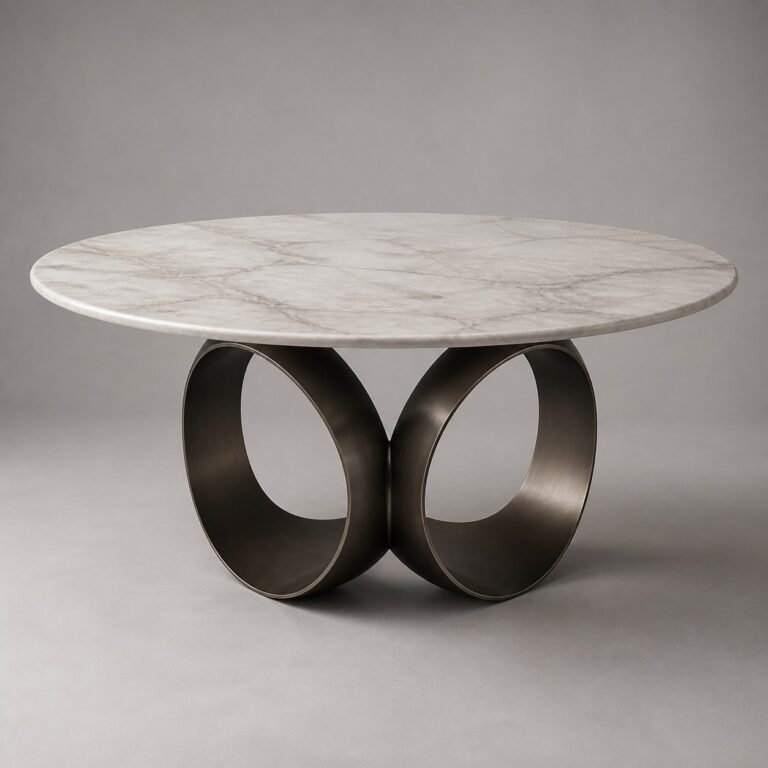 Masă de dining rotundă Petalia cu blat marmorat și bază sculpturală, imagine principală generată