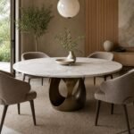 Masă de dining rotundă Petalia cu blat marmorat și bază sculpturală, ambient de dining generat