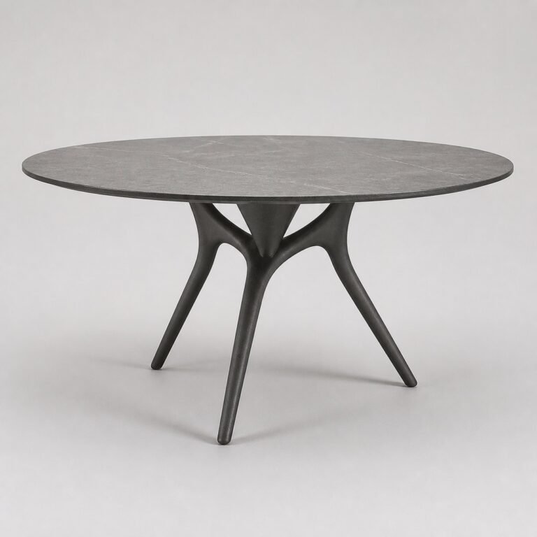 Masă de dining rotundă Aero cu blat gri și bază organică, perspectivă alternativă generată
