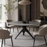 Masă de dining rotundă Aero cu blat gri și bază organică, ambient de dining generat