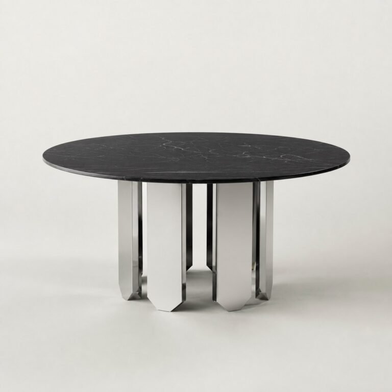 Masă de dining rotundă Prisma cu blat negru venat și bază oglindită, perspectivă alternativă generată