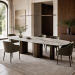 Masă de dining Colonna cu blat marmorat și picioare cilindrice, ambient de dining generat