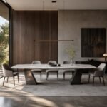Masă de dining Stiletto cu blat marmorat și picioare lamelare, ambient de dining generat