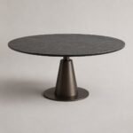 Masă de dining rotundă Conica cu blat închis și soclu metalic, perspectivă alternativă generată