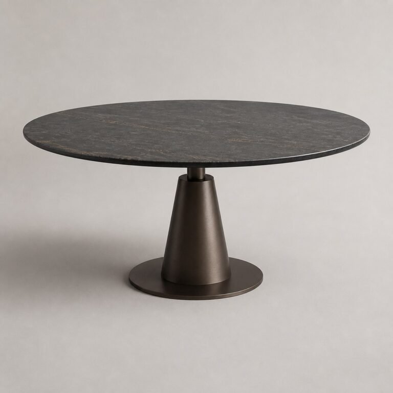 Masă de dining rotundă Conica cu blat închis și soclu metalic, perspectivă alternativă generată