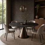 Masă de dining rotundă Conica cu blat închis și soclu metalic, ambient de dining generat