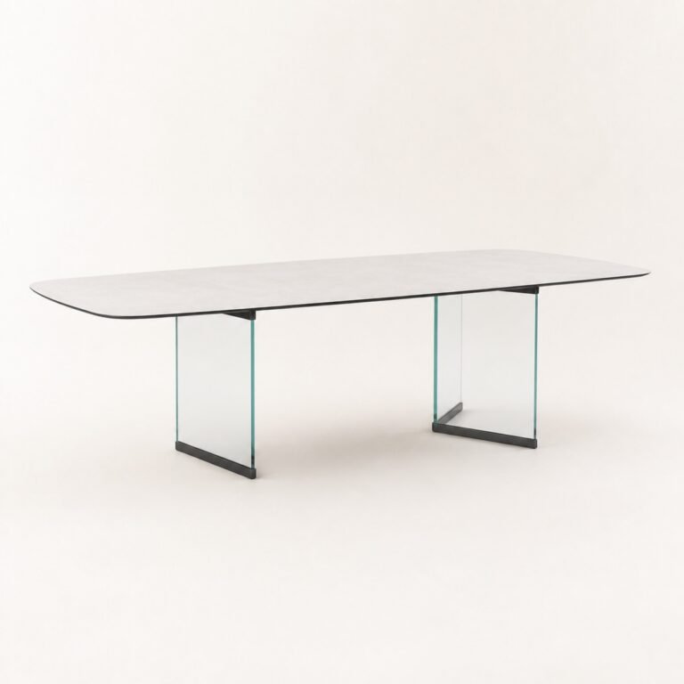 Masă de dining Lucent cu blat ceramic și baze transparente, perspectivă alternativă generată