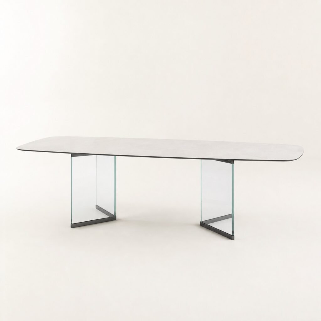 Masă de dining Lucent cu blat ceramic și baze transparente, imagine principală generată