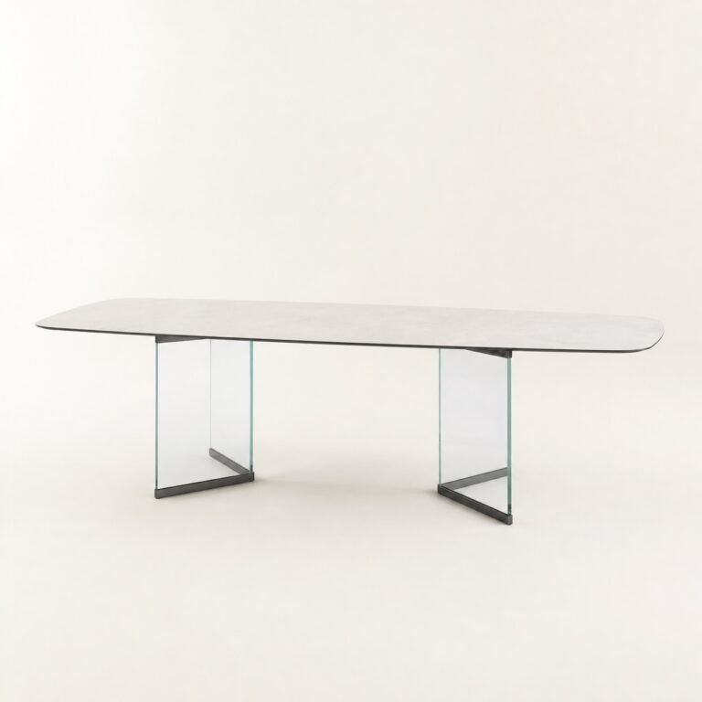 Masă de dining Lucent cu blat ceramic și baze transparente, imagine principală generată
