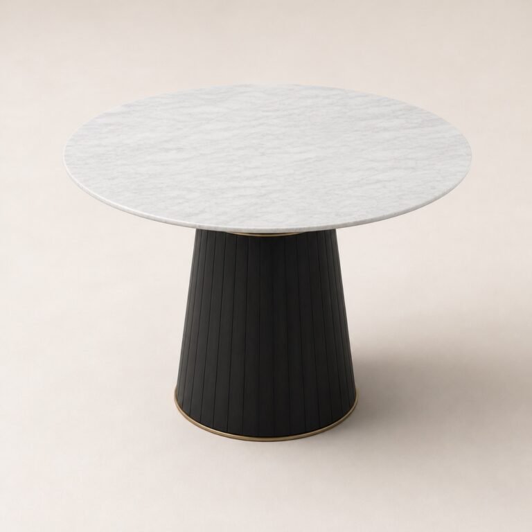 Masă de dining rotundă Stria cu blat marmorat și bază canelată, perspectivă alternativă generată
